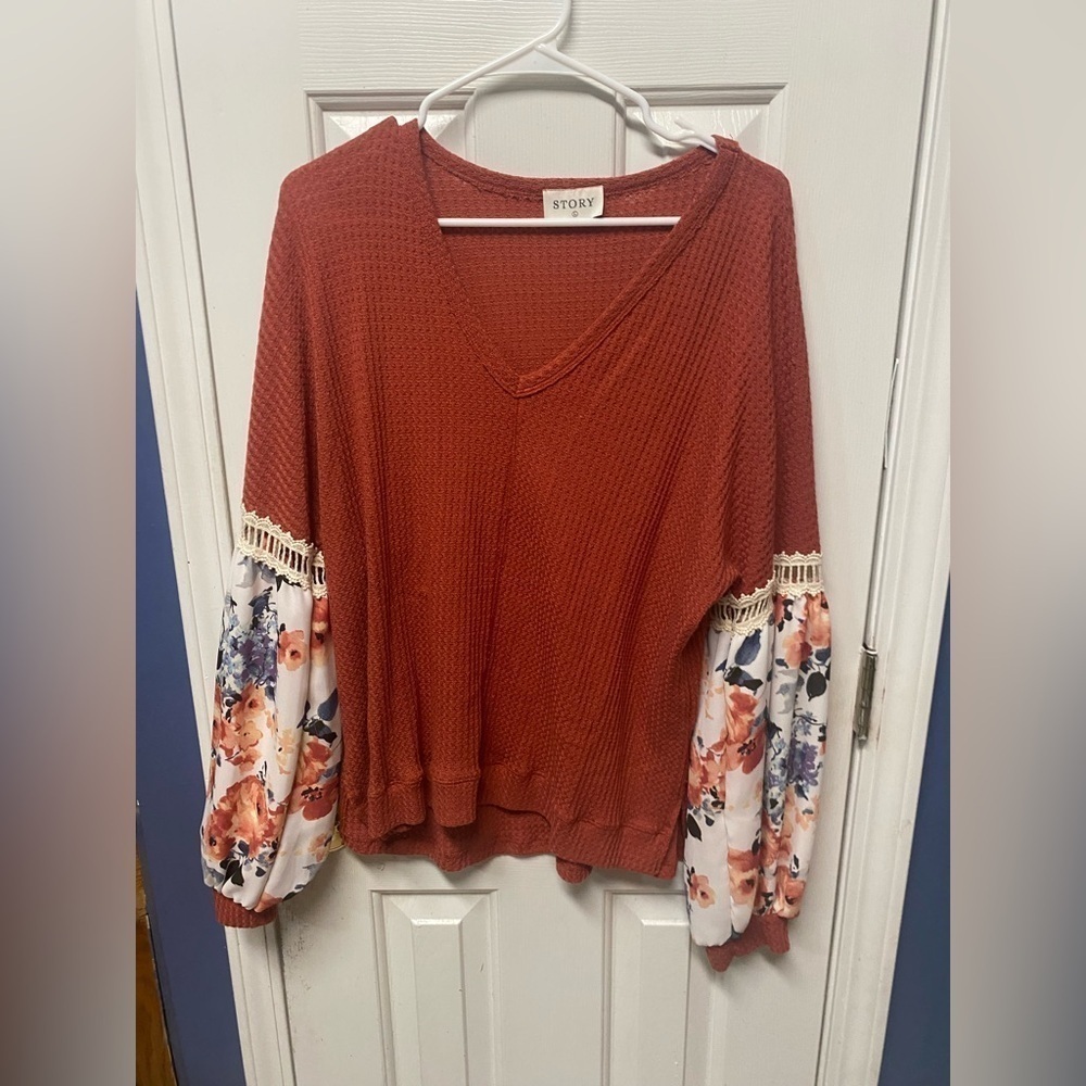 Story Floral Billow Sleeve Boho Style Blouse Women's Size Large L burnt Orange